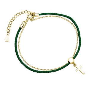 Silver (925) gold-plated bracelet with dark green cord - cross