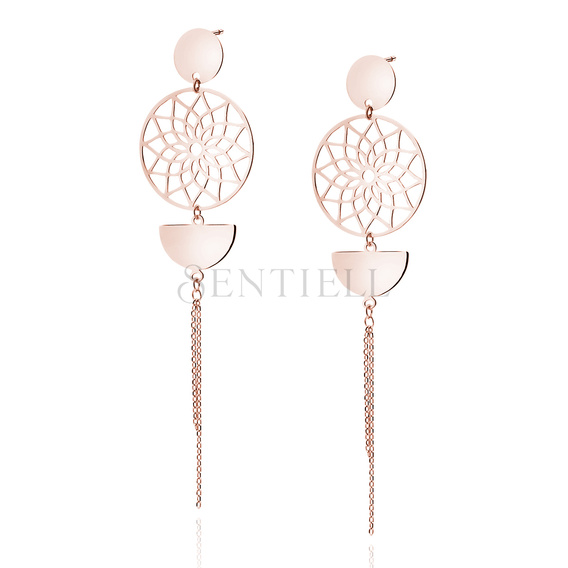 Silver (925) rose gold-plated earrings - mandala with circle, semicircle and chains