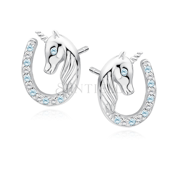 Silver (925) horseshoe earrings - unicorn with white and aquamarine zirconias and aquamarine eye