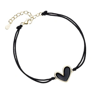 Silver (925) bracelet gold-plated heart with black enamel and black cord