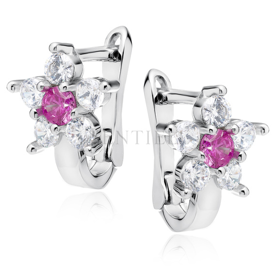 Silver (925) earrings white and deep pink zirconia flower