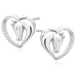 Silver (925) heart earrings - horse with white zirconias