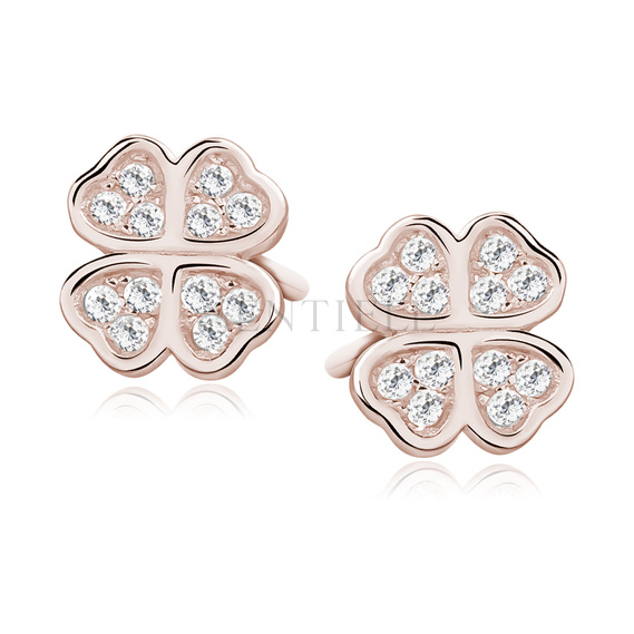 Silver (925) rose gold-plated clover earrings with zirconia