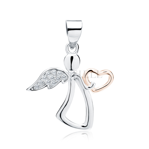 Silver (925) angel pendant with zirconia and rose gold-plated heart