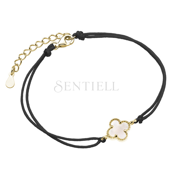 Silver (925) gold-plated bracelet with mother of pearl and black cord - quatrefoil