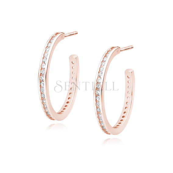 Silver (925) rose gold-plated earrings open hoop with white zirconias