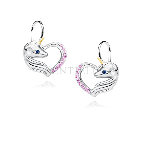 Silver (925) heart earrings - unicorn with pink zirconias and sapphire eye