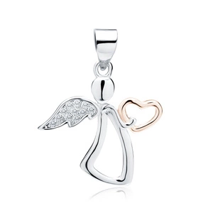 Silver (925) angel pendant with zirconia and rose gold-plated heart