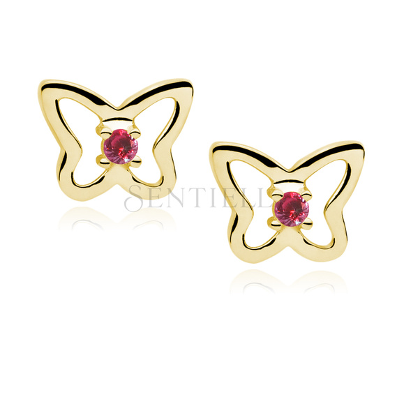 Silver (925) Earrings ruby zirconia - butterflies gold-plated