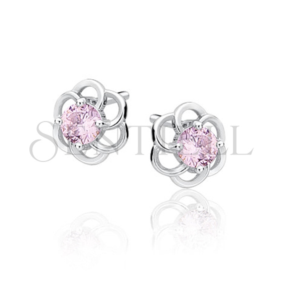 Silver (925) elegant earrings - flowers with light pink zirconia