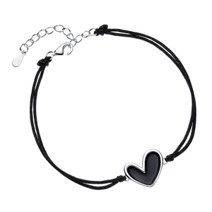Silver (925) bracelet heart with black enamel and black cord