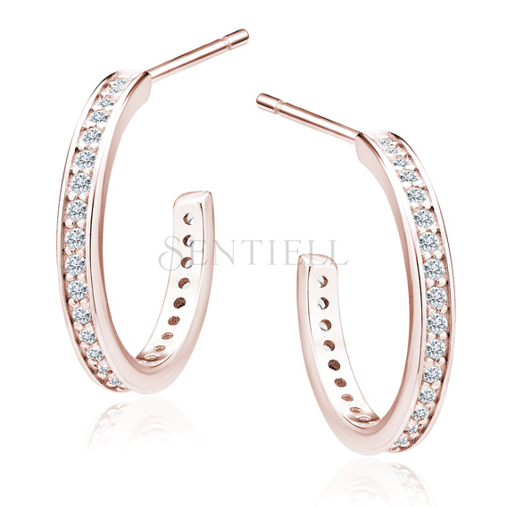 Silver (925) rose gold-plated earrings open hoop with white zirconias