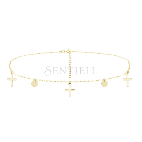 Silver (925) choker necklace with round pendants and crosses, gold-plated