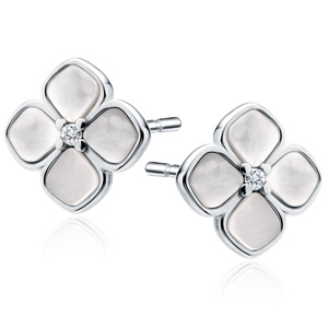 Silver (925) earrings with Nacre - white flowers with white zirconia