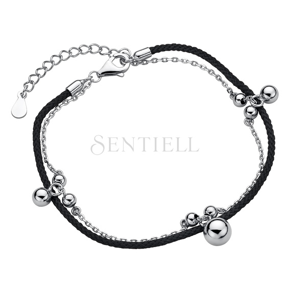 Silver (925) bracelet with black cord - balls