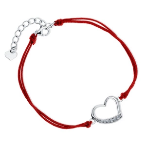 Silver (925) bracelet with double red cord - heart with white zirconias