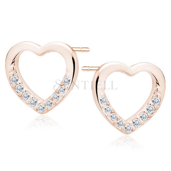 Silver (925) rose gold-plated heart earrings with white zirconias