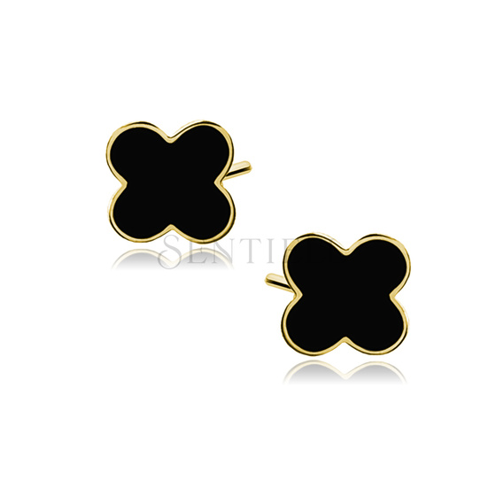 Silver (925) gold-plated black enameled quatrefoil earrings