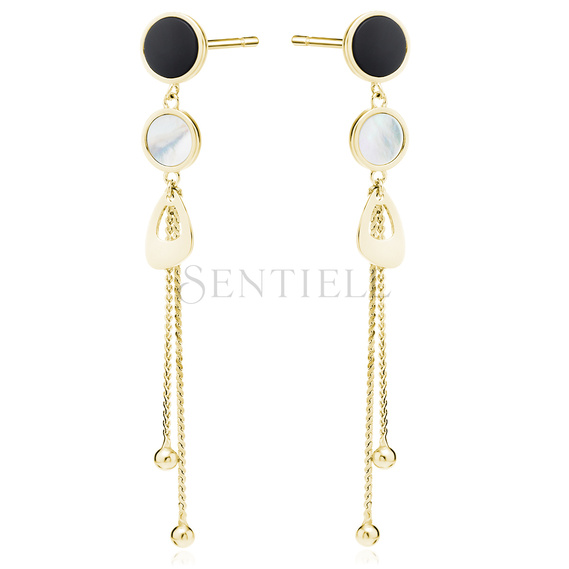 Silver (925) gold-plated earings - chains with balls, black onyx, mother of pearl