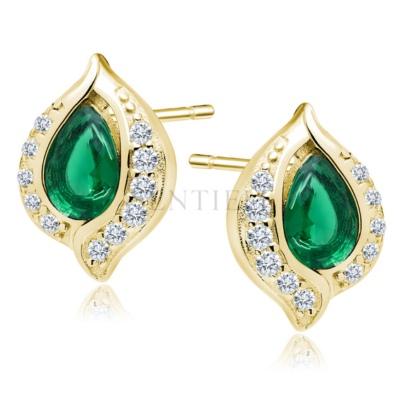 Silver, gold-plated, delicate earrings (925) emerald drop with white zirconias