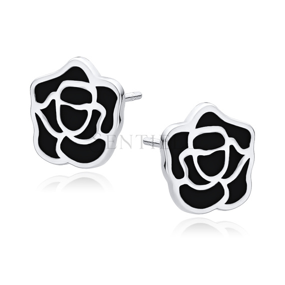 Silver (925) earrings - rose with black enamel