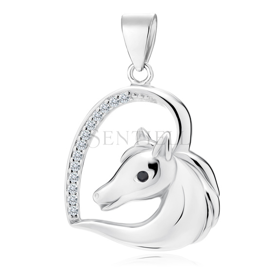 Silver (925) heart pendant - horse with black eye and white zirconias