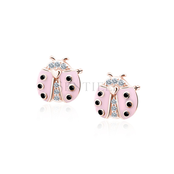 Silver (925) rose gold-plated earings - pink ladybug with zirconias