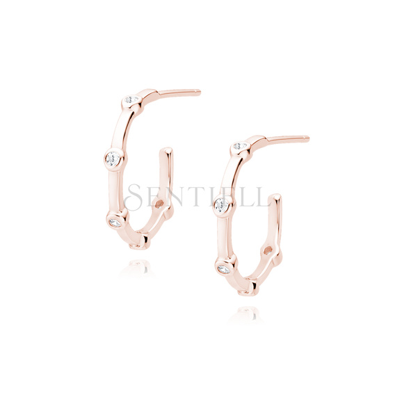 Silver (925) rose gold-plated earrings open hoop with white zirconias