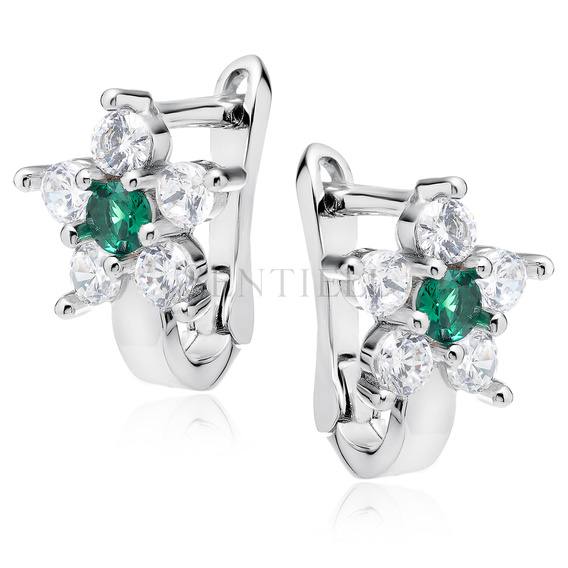 Silver (925) earrings white and green zirconia flower