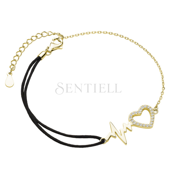 Silver (925) gold-plated bracelet with black cord - heart with zirconias and pulse