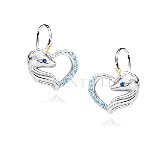 Silver (925) heart earrings - unicorn with aquamarine zirconias and sapphire eye