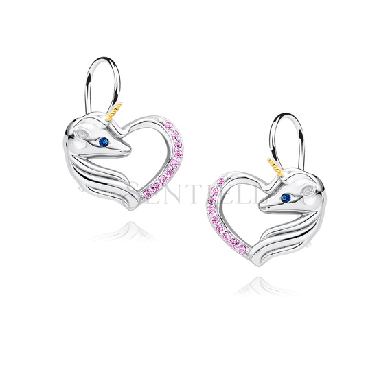 Silver (925) heart earrings - unicorn with pink zirconias and sapphire eye