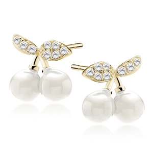 Silver (925) gold-plated earrings - cherries with white zirconia and pearl