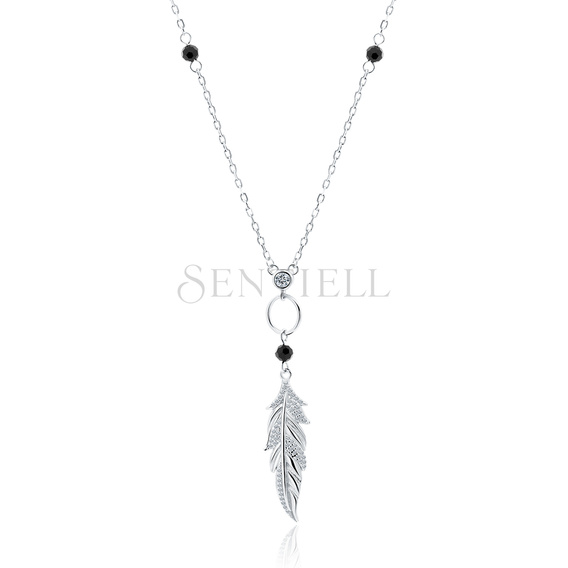 Silver (925) necklace with black spinels and white zirconias - feather