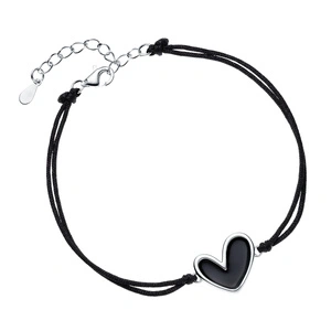 Silver (925) bracelet heart with black enamel and black cord