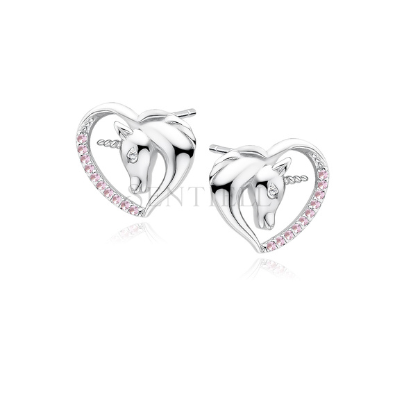 Silver (925) heart earrings - unicorn with light pink zirconias and white eye