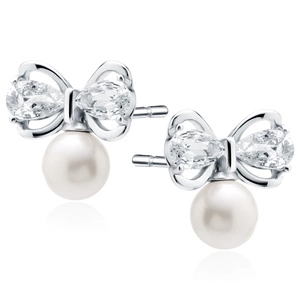 Silver (925) earrings with pearls and bows with white zirconias