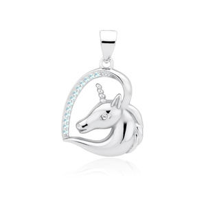 Silver (925) heart pendant - unicorn with aquamarine zirconias and white eye