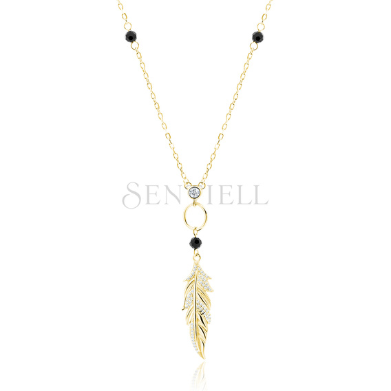 Silver (925) gold-plated necklace with black spinels and zirconias - feather