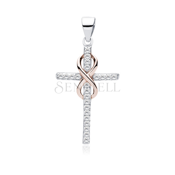 Silver (925) pendant cross with zirconia and rose gold-plated infinity sign