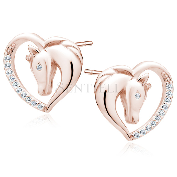 Silver (925) rose gold-plated heart earrings - horse with white zirconias