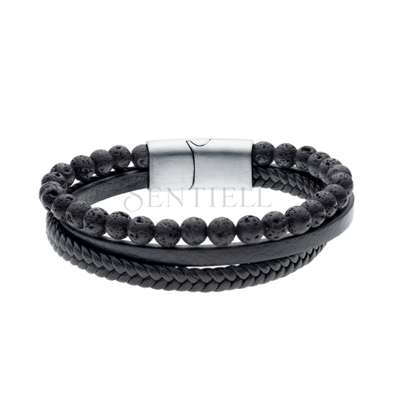 Stainless steel bracelet with leather straps and volcanic lava stones