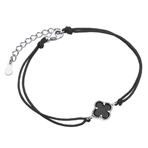 Silver (925) bracelet with black onyx and black cord - quatrefoil