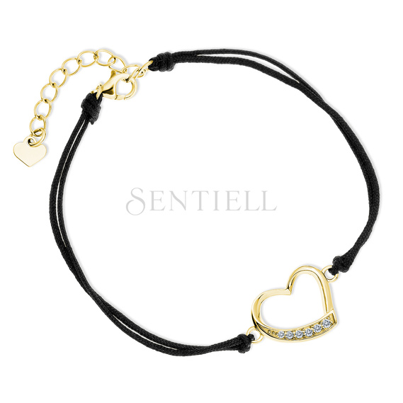 Silver (925) gold-plated bracelet with double black cord - heart with white zirconias