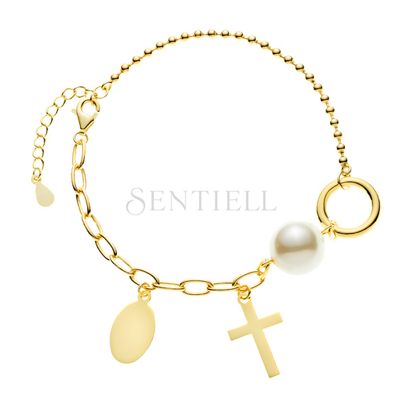 Silver (925) gold-plated bracelet - two types of chain, circle, oval plate, cross and pearl