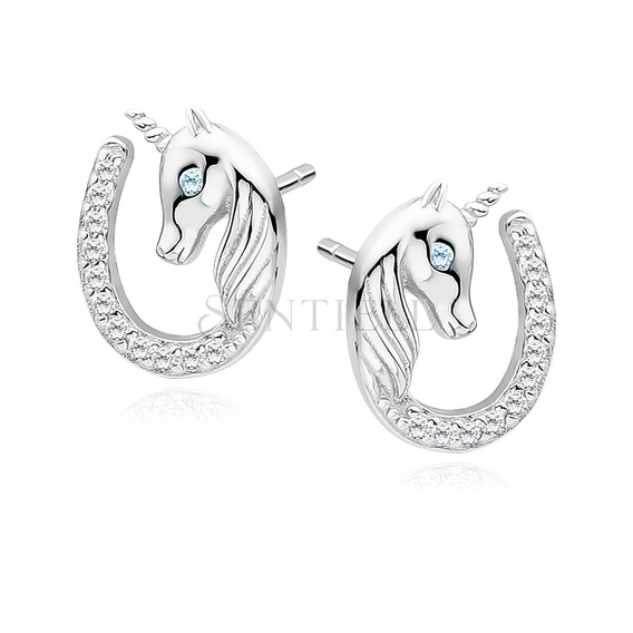 Silver (925) horseshoe earrings - unicorn with white zirconias and aquamarine eye