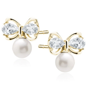 Silver (925) gold-plated earrings with pearls and boes with white zirconias