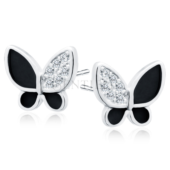 Silver (925) enameled earrings black butterflies with white zirconias