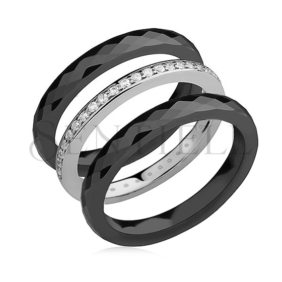 Ceramic black rings and silver (925) ring with white zirconia