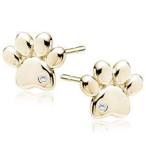 Silver (925) gold-plated earrings - dog / cat paw with white zirconia